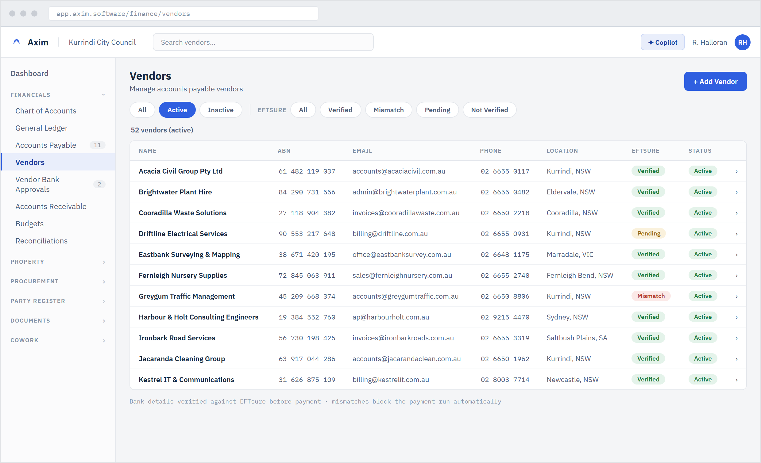 The vendors register with ABNs and EFTsure bank verification status for each accounts payable vendor