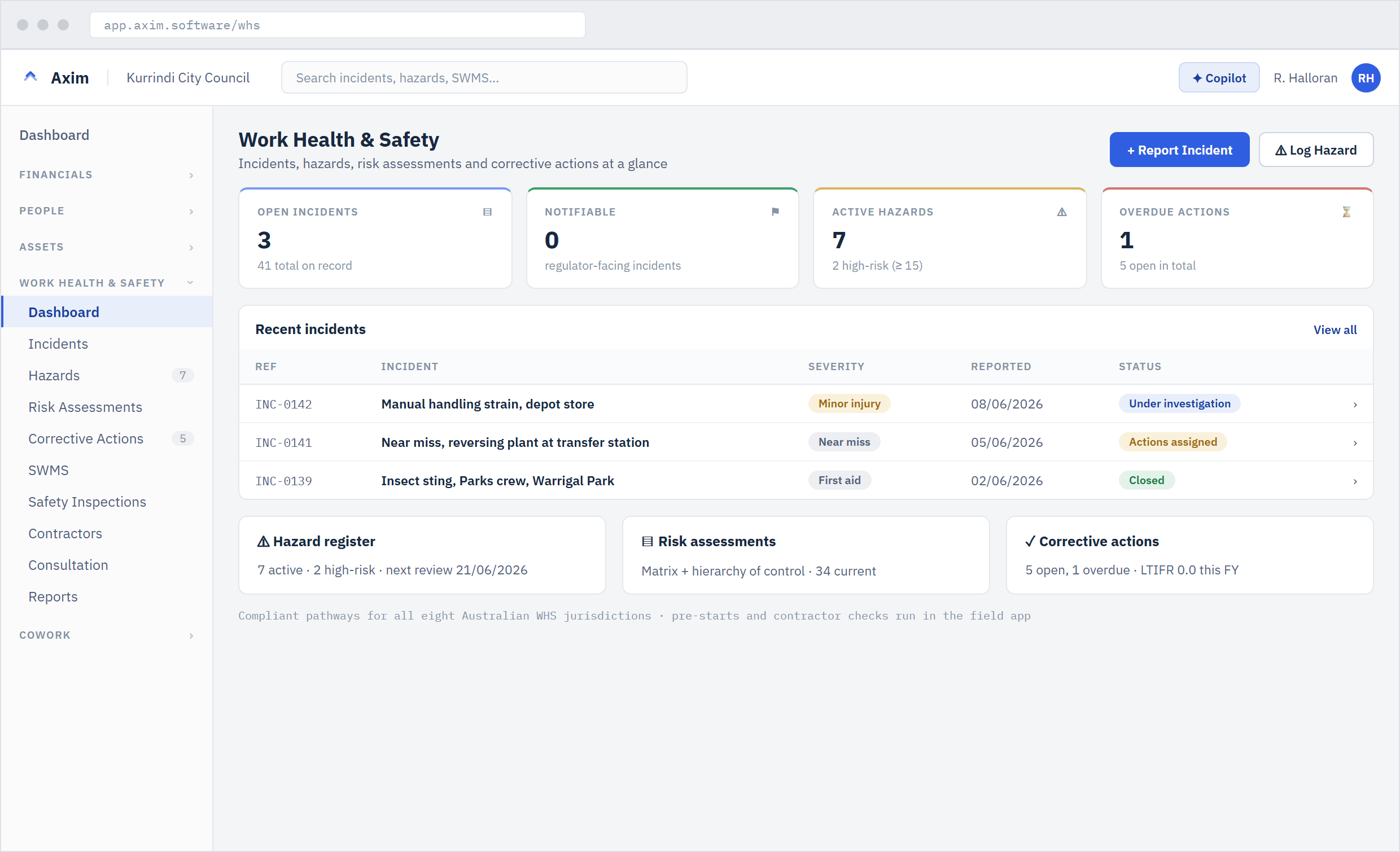 The Work Health and Safety dashboard showing incidents, hazards, risk assessments, and corrective actions